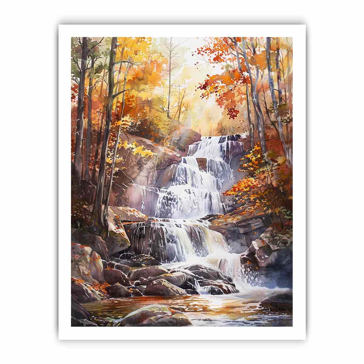 Autumn forest waterfall watercolor canvas art for peaceful living room decor.