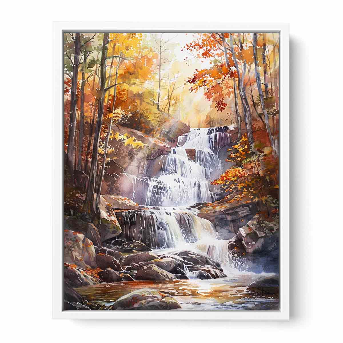 Autumn forest waterfall watercolor canvas art for peaceful living room decor.