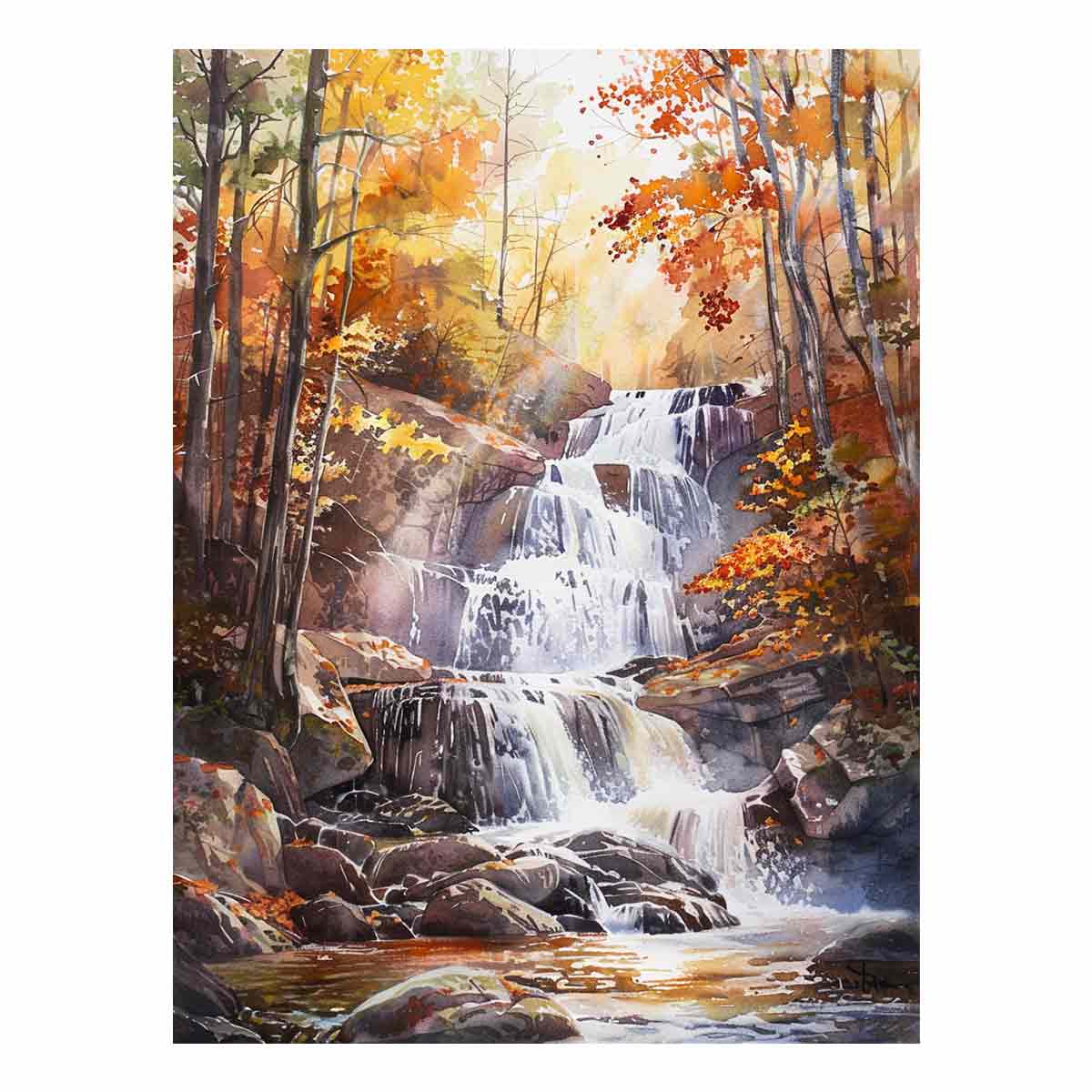 Autumn forest waterfall watercolor canvas art for peaceful living room decor.