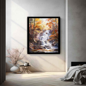 Autumn forest waterfall watercolor canvas art for peaceful living room decor.