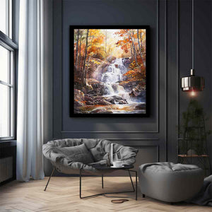 Autumn forest waterfall watercolor canvas art for peaceful living room decor.