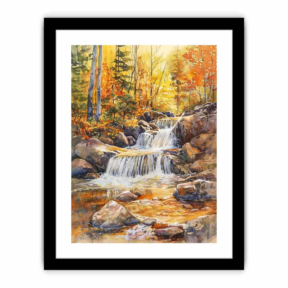 Golden woodland waterfall watercolor canvas print for cozy home decor.