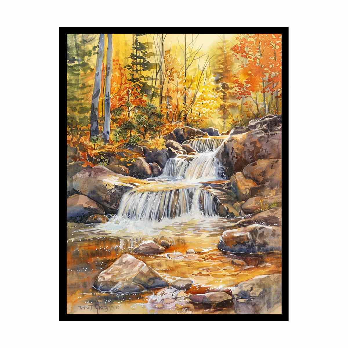 Golden woodland waterfall watercolor canvas print for cozy home decor.