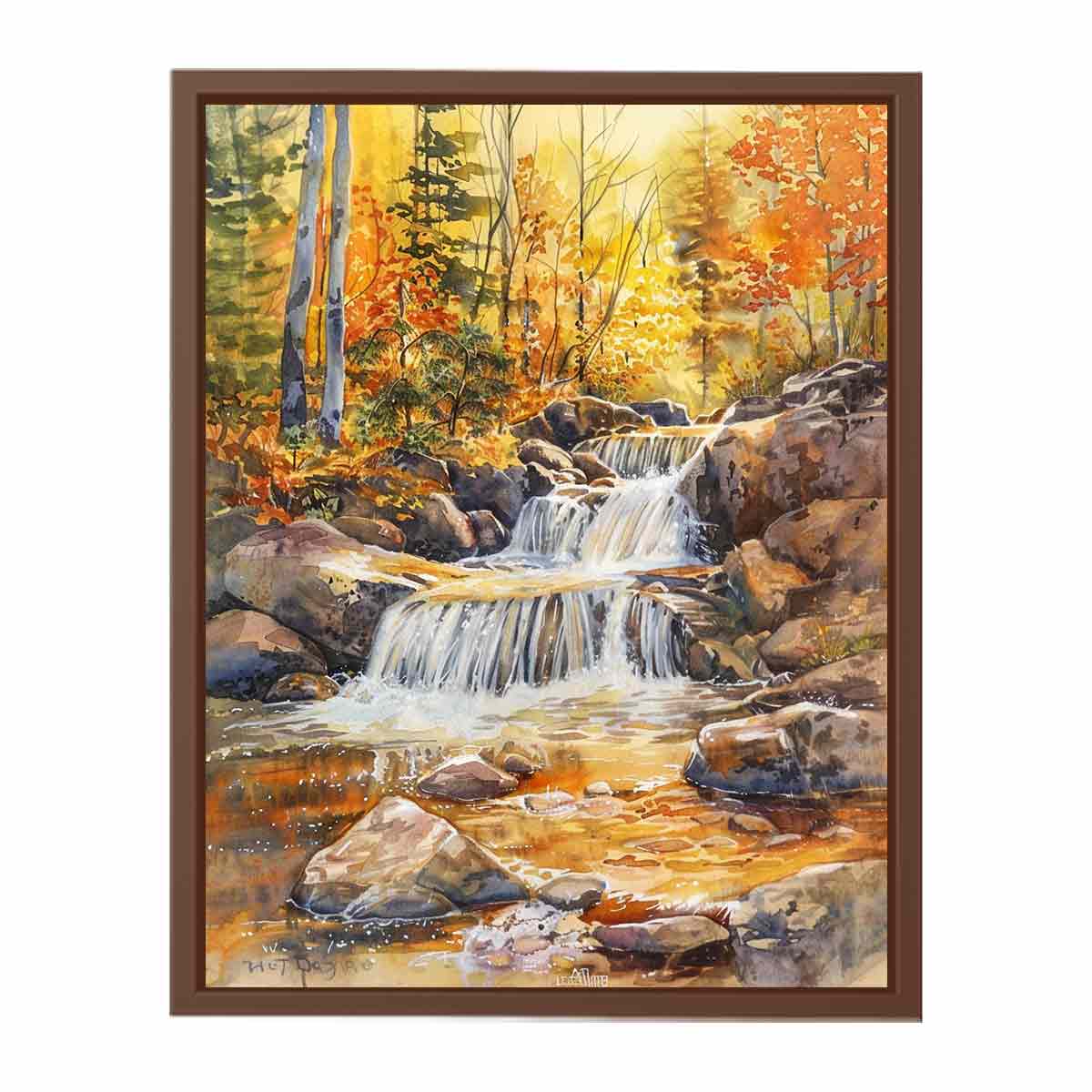 Golden woodland waterfall watercolor canvas print for cozy home decor.