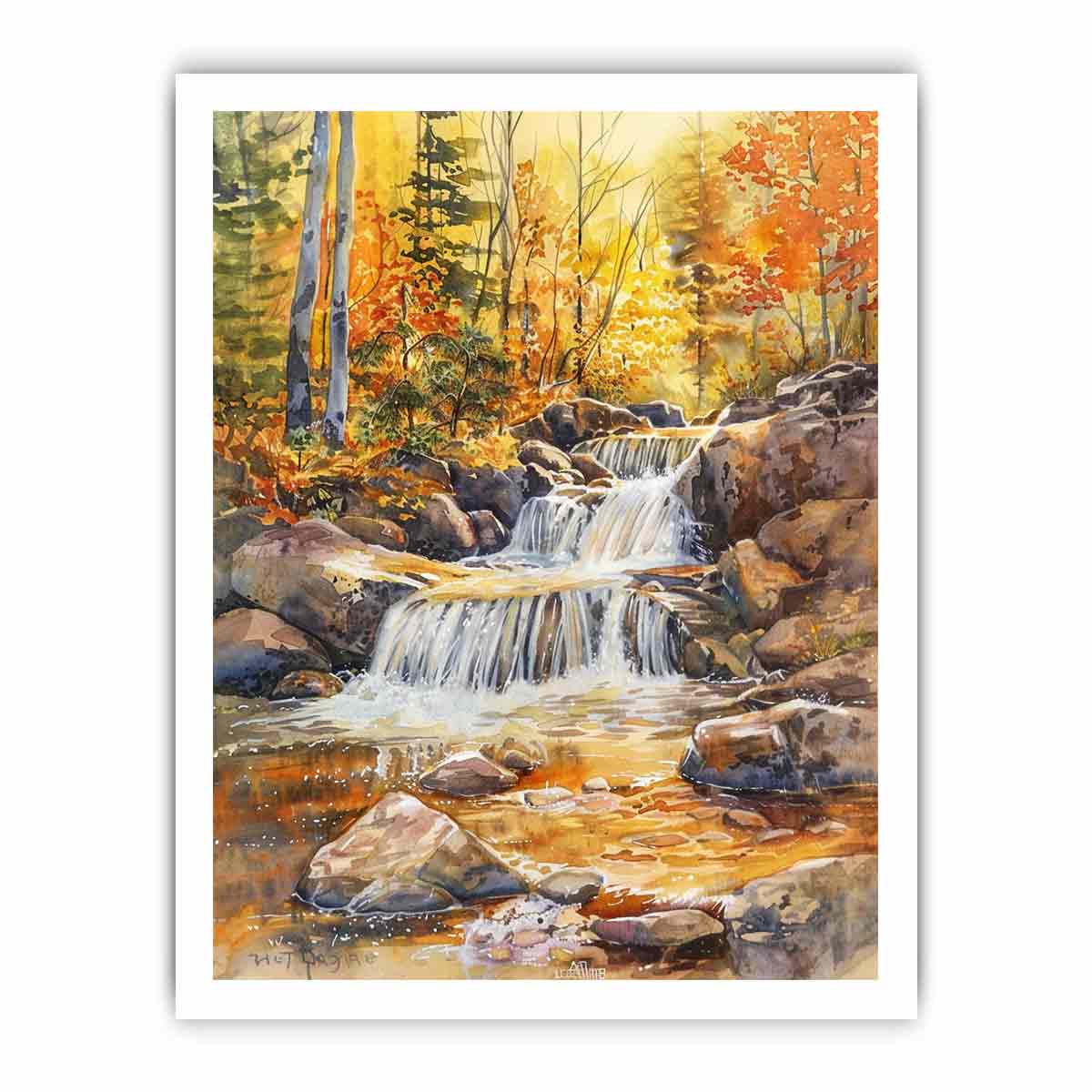 Golden woodland waterfall watercolor canvas print for cozy home decor.