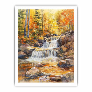 Golden woodland waterfall watercolor canvas print for cozy home decor.