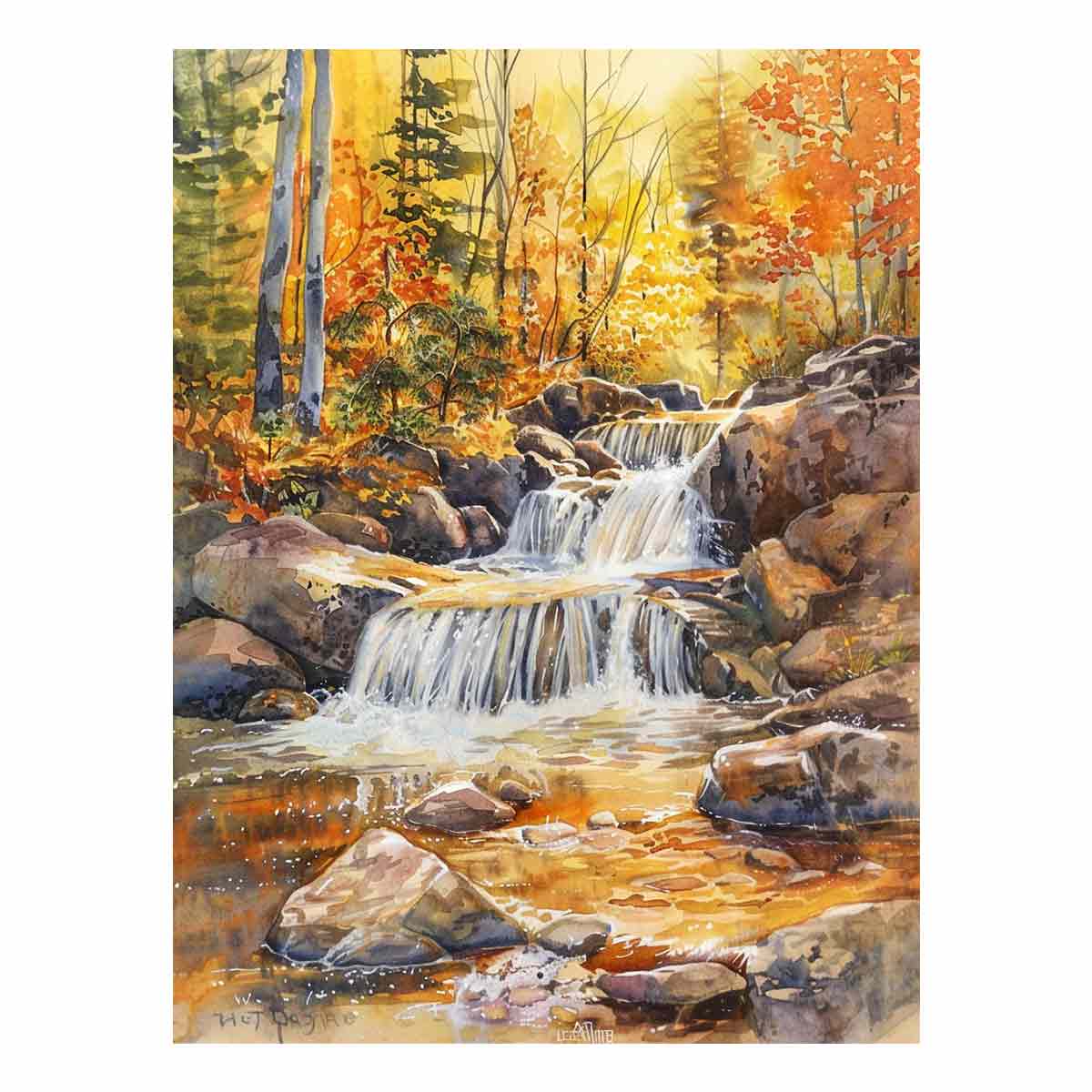 Golden woodland waterfall watercolor canvas print for cozy home decor.