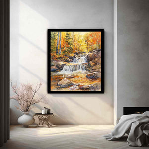Golden woodland waterfall watercolor canvas print for cozy home decor.