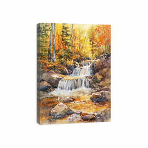 Golden woodland waterfall watercolor canvas print for cozy home decor.