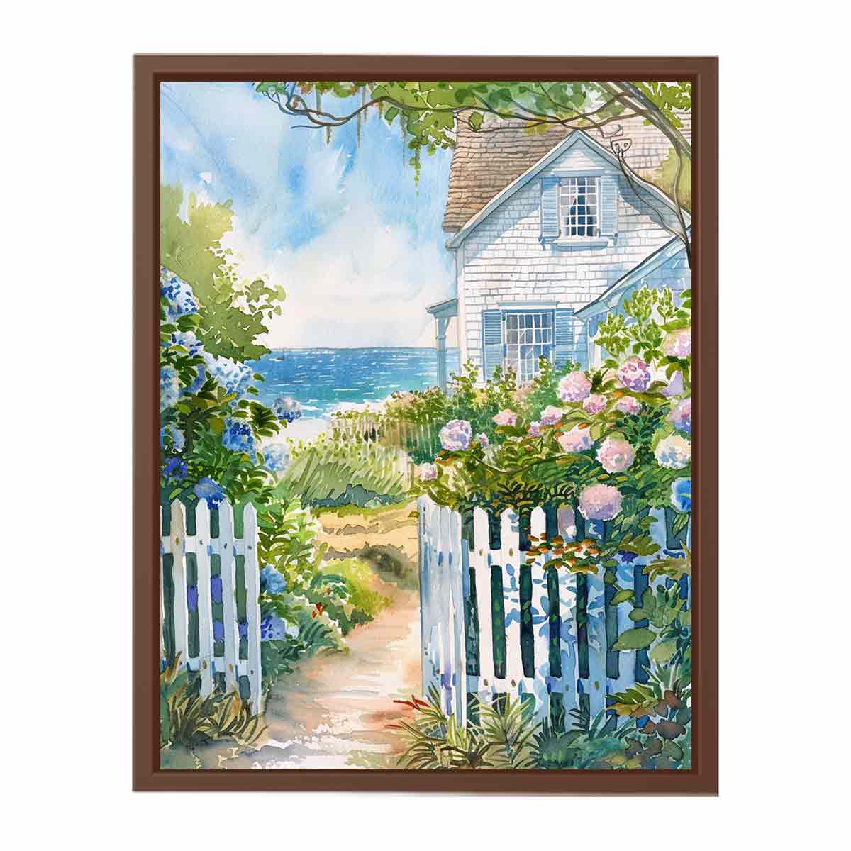 Coastal cottage garden watercolor canvas art with hydrangeas for beach house decor.