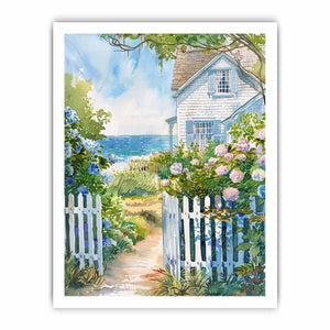 Coastal cottage garden watercolor canvas art with hydrangeas for beach house decor.