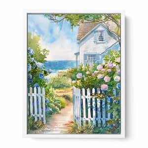 Coastal cottage garden watercolor canvas art with hydrangeas for beach house decor.