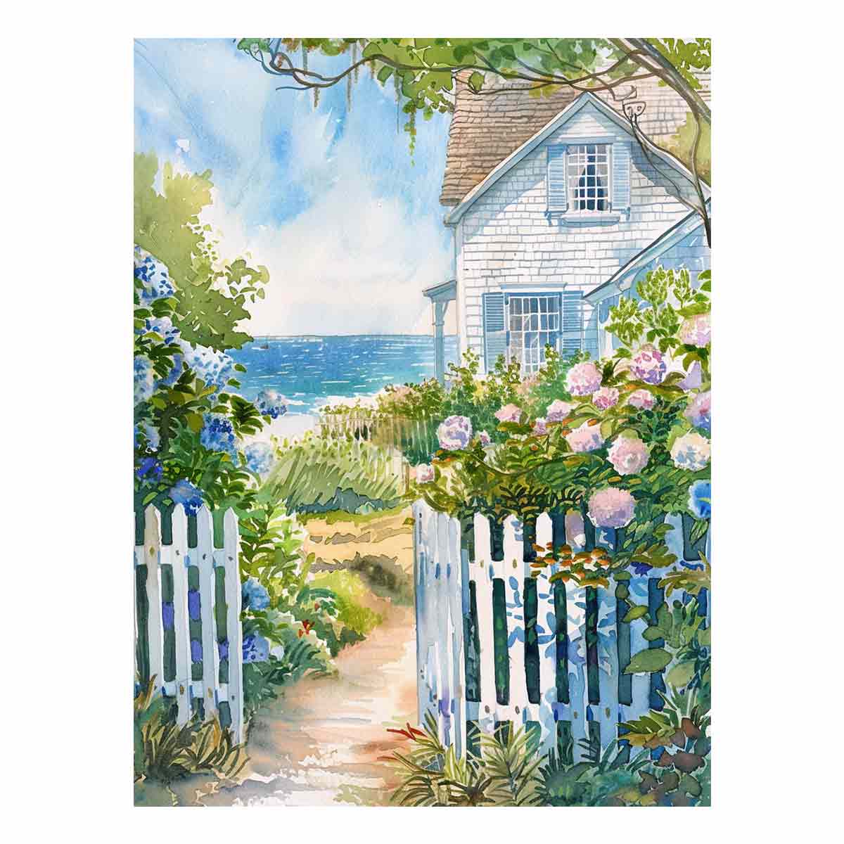 Coastal cottage garden watercolor canvas art with hydrangeas for beach house decor.