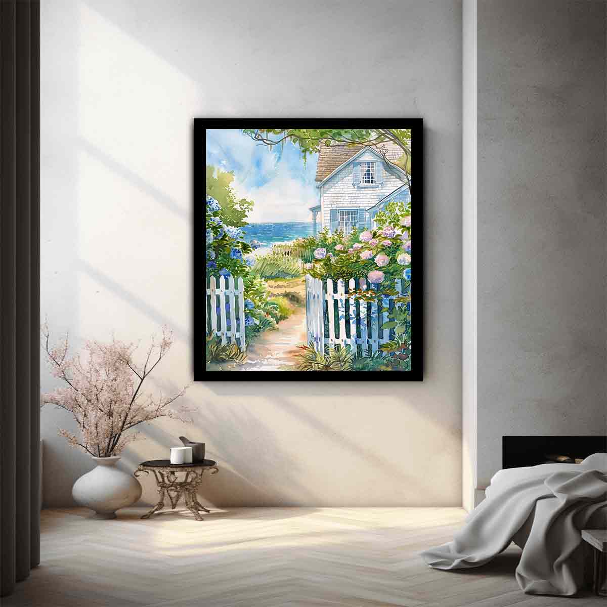 Coastal cottage garden watercolor canvas art with hydrangeas for beach house decor.