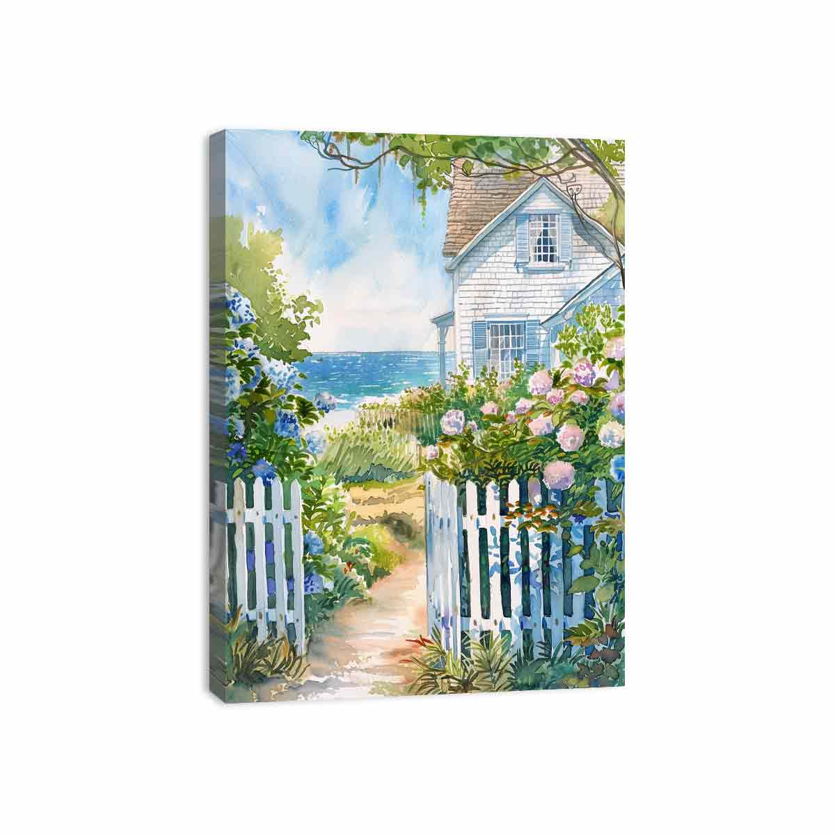 Coastal cottage garden watercolor canvas art with hydrangeas for beach house decor.
