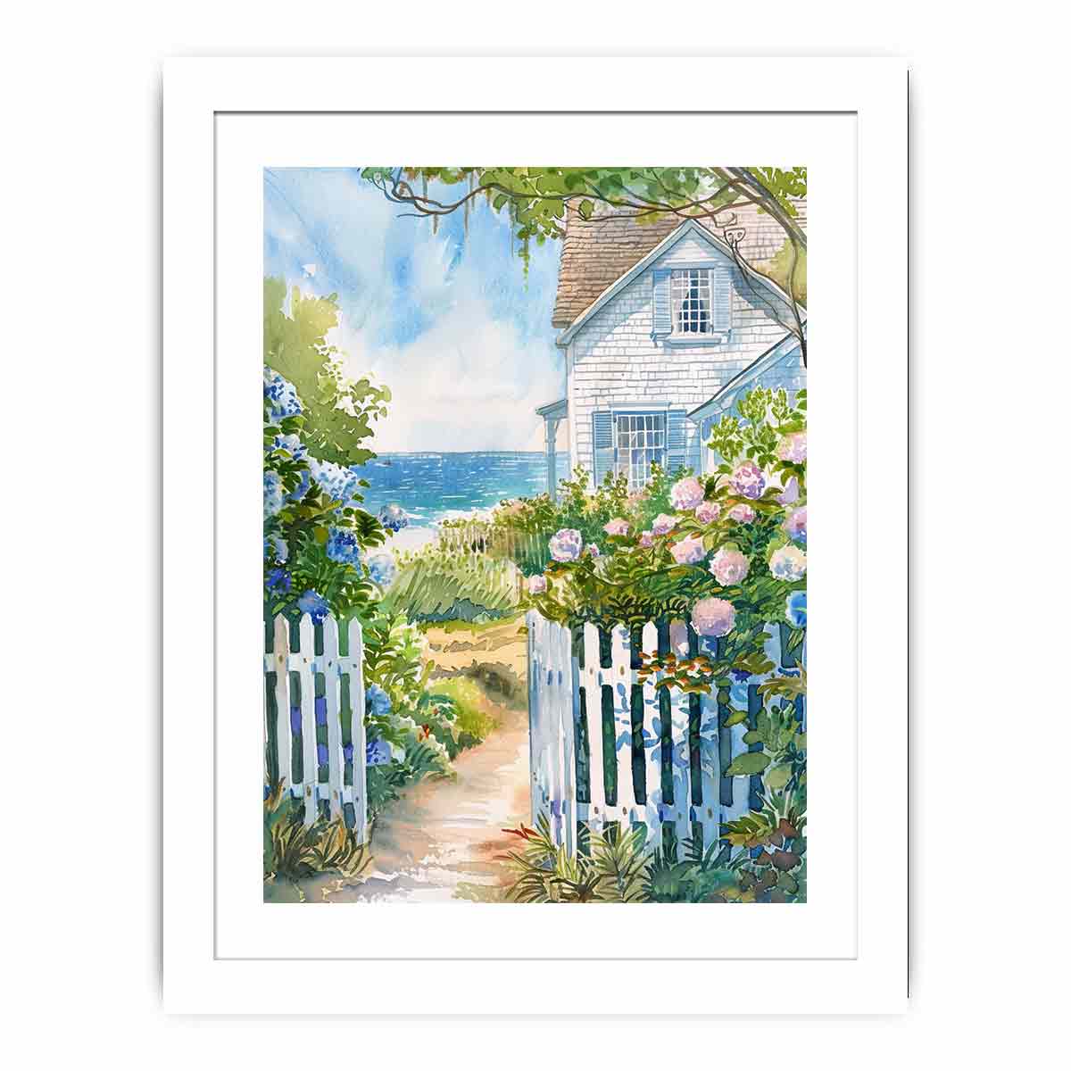 Coastal cottage garden watercolor canvas art with hydrangeas for beach house decor.