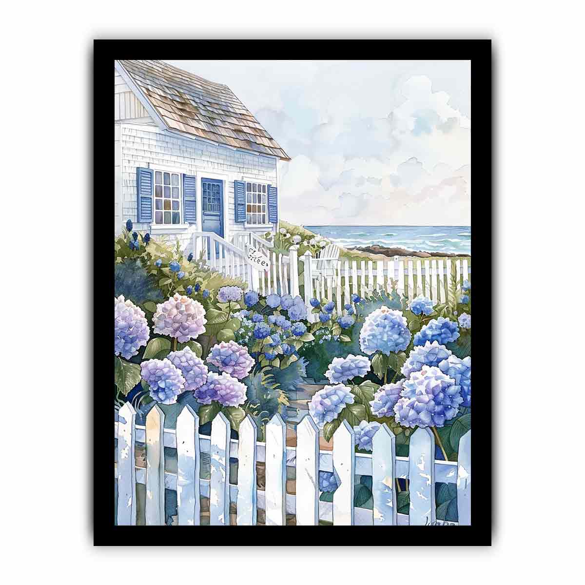 Seaside cottage hydrangea watercolor canvas art for coastal bedroom decor.