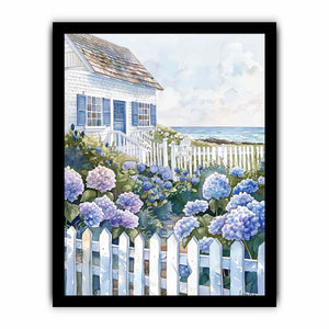 Seaside cottage hydrangea watercolor canvas art for coastal bedroom decor.