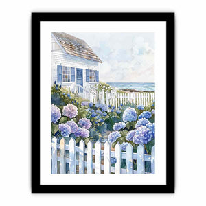 Seaside cottage hydrangea watercolor canvas art for coastal bedroom decor.
