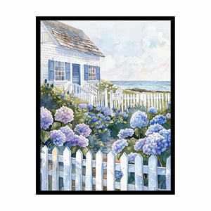 Seaside cottage hydrangea watercolor canvas art for coastal bedroom decor.