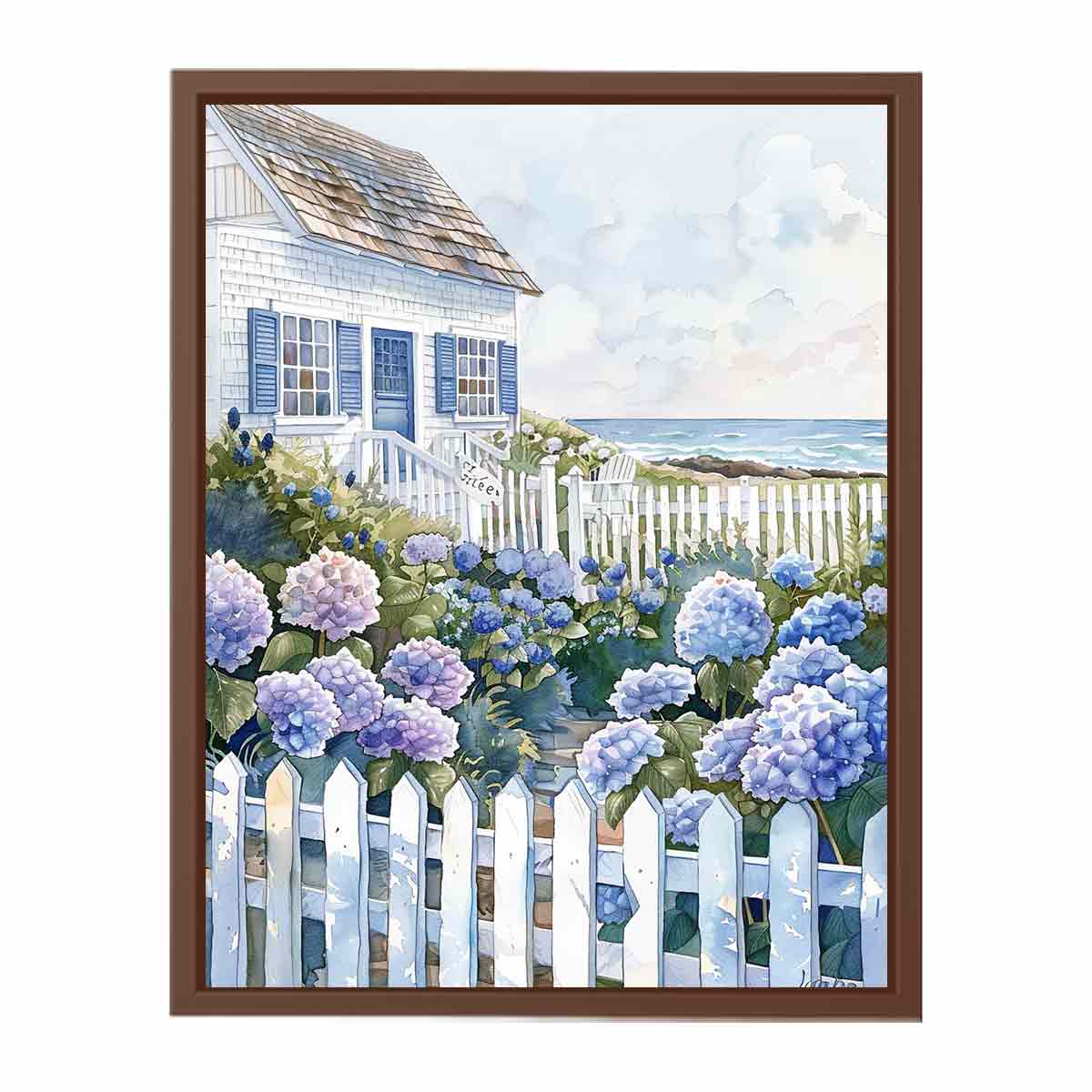 Seaside cottage hydrangea watercolor canvas art for coastal bedroom decor.