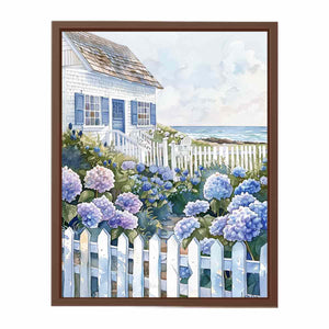 Seaside cottage hydrangea watercolor canvas art for coastal bedroom decor.