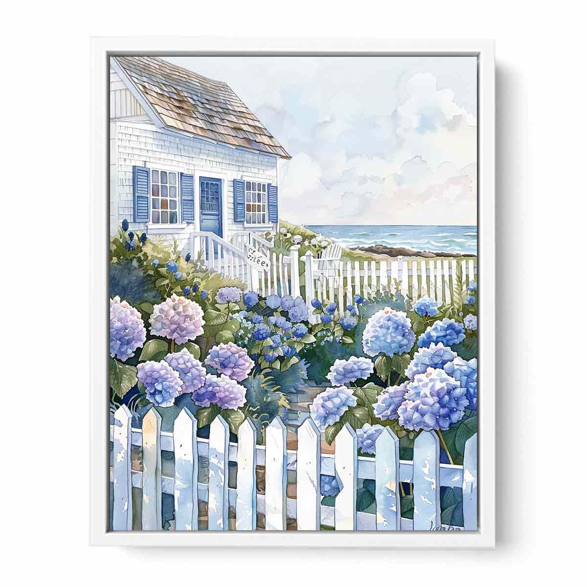Seaside cottage hydrangea watercolor canvas art for coastal bedroom decor.