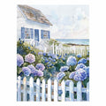Seaside cottage hydrangea watercolor canvas art for coastal bedroom decor.