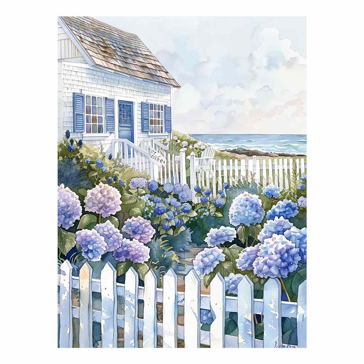 Seaside cottage hydrangea watercolor canvas art for coastal bedroom decor.