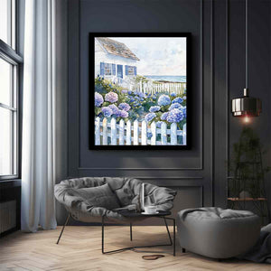 Seaside cottage hydrangea watercolor canvas art for coastal bedroom decor.