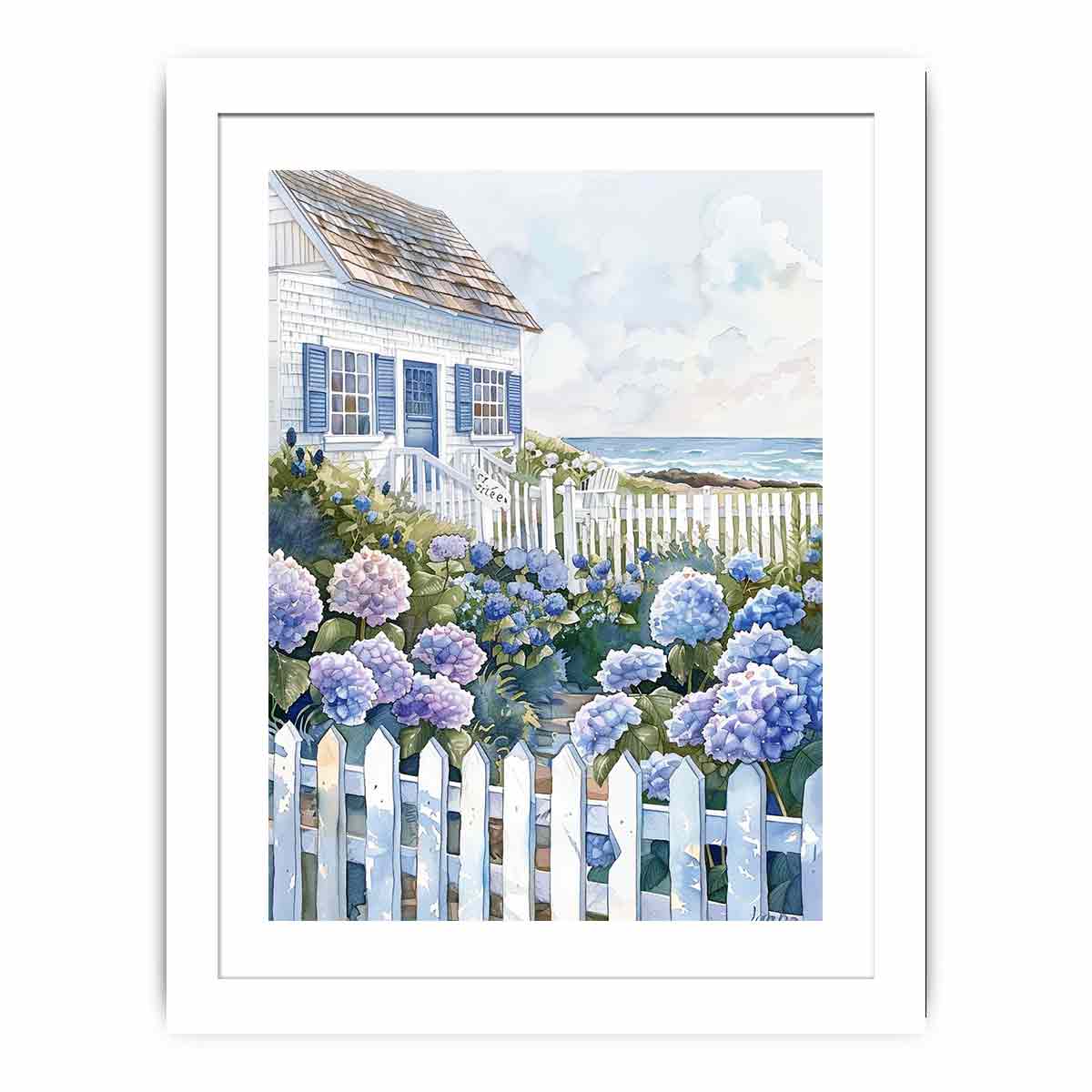 Seaside cottage hydrangea watercolor canvas art for coastal bedroom decor.