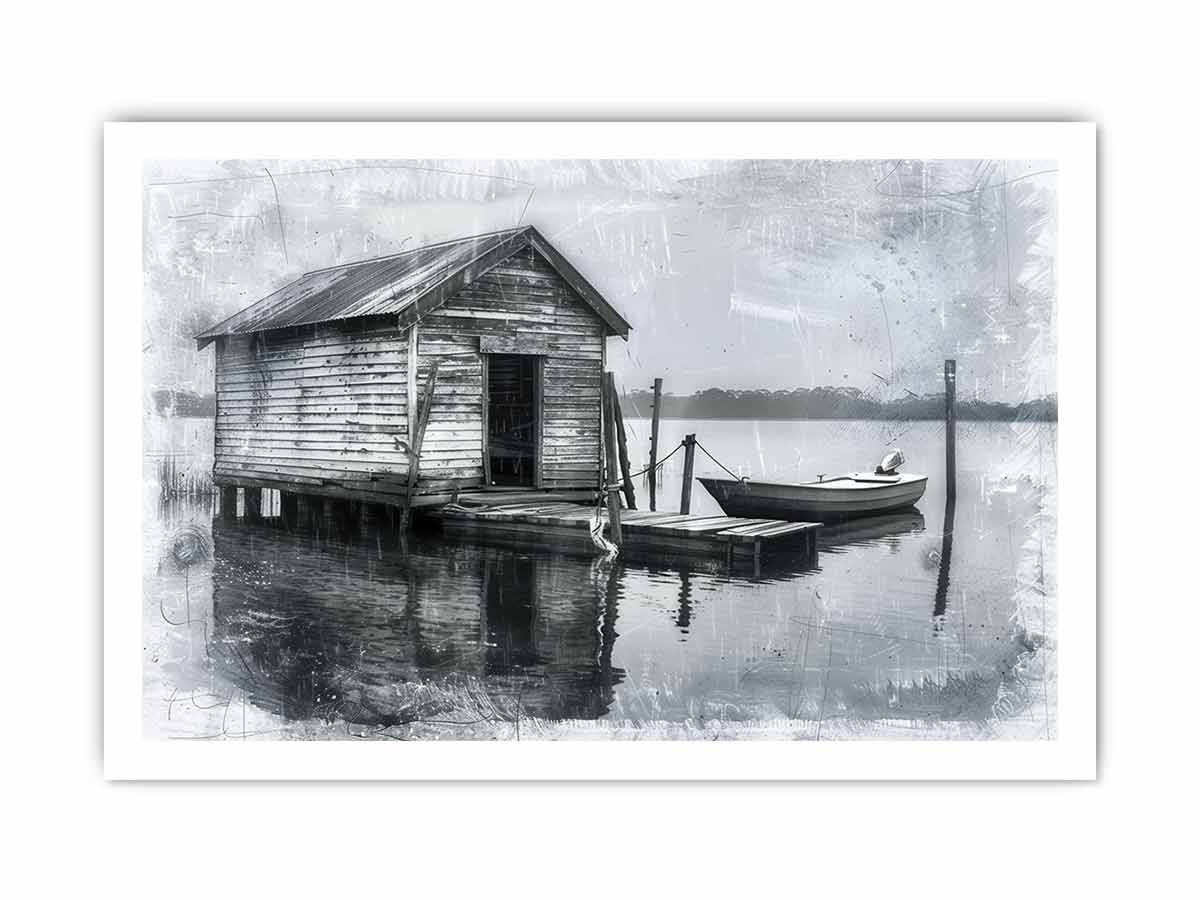 Black and white boat house photography wall art for rustic office decor.