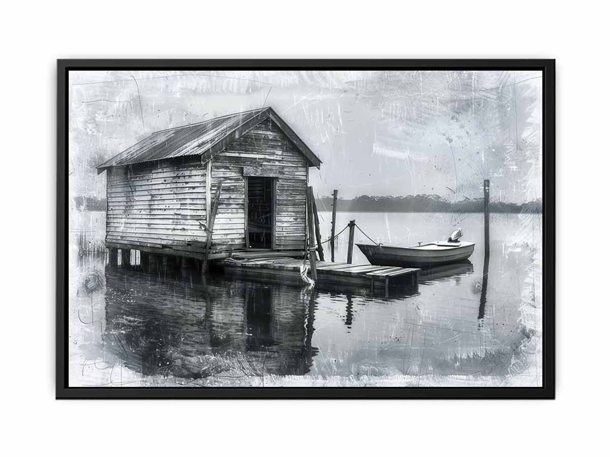 Black and white boat house photography wall art for rustic office decor.