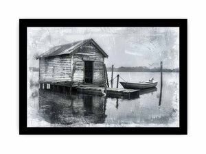 Black and white boat house photography wall art for rustic office decor.