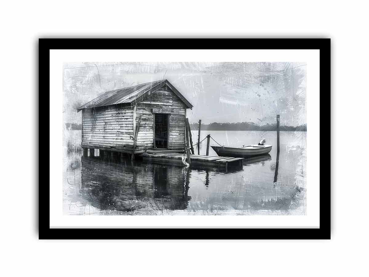 Black and white boat house photography wall art for rustic office decor.