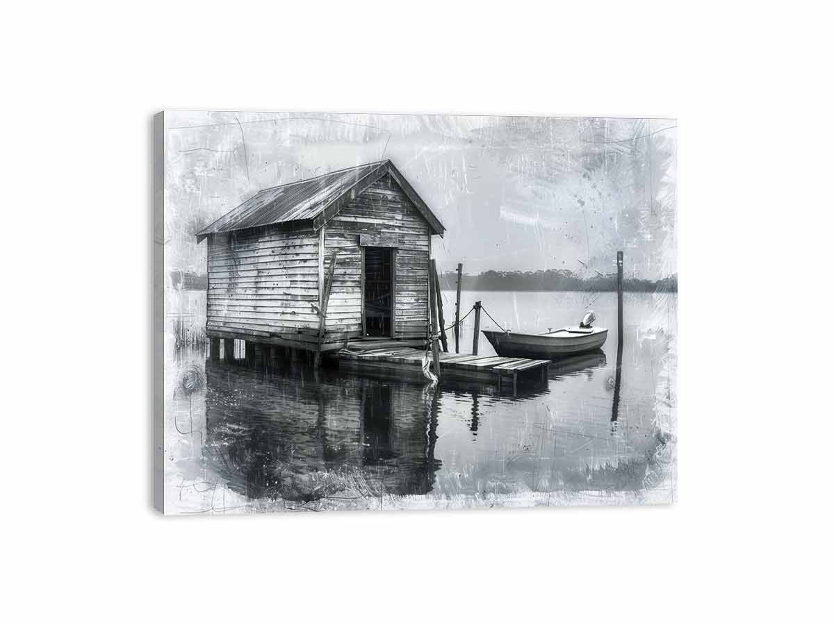 Black and white boat house photography wall art for rustic office decor.