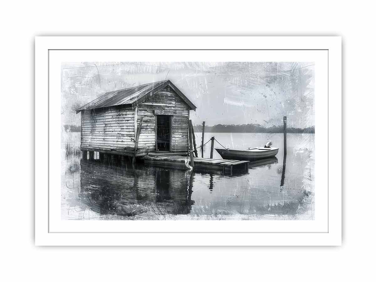 Black and white boat house photography wall art for rustic office decor.