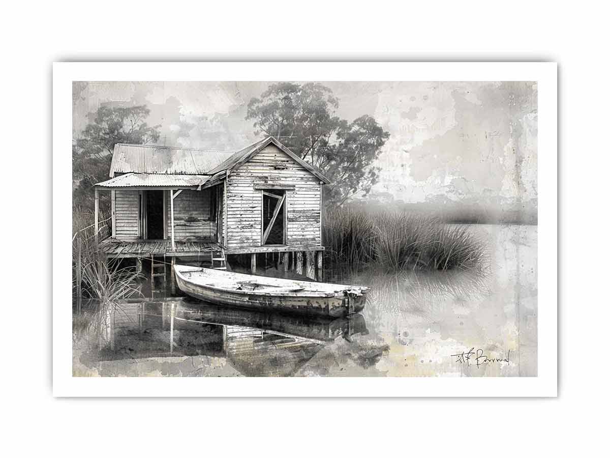 Black and white marsh boat house canvas art for rustic living room decor.