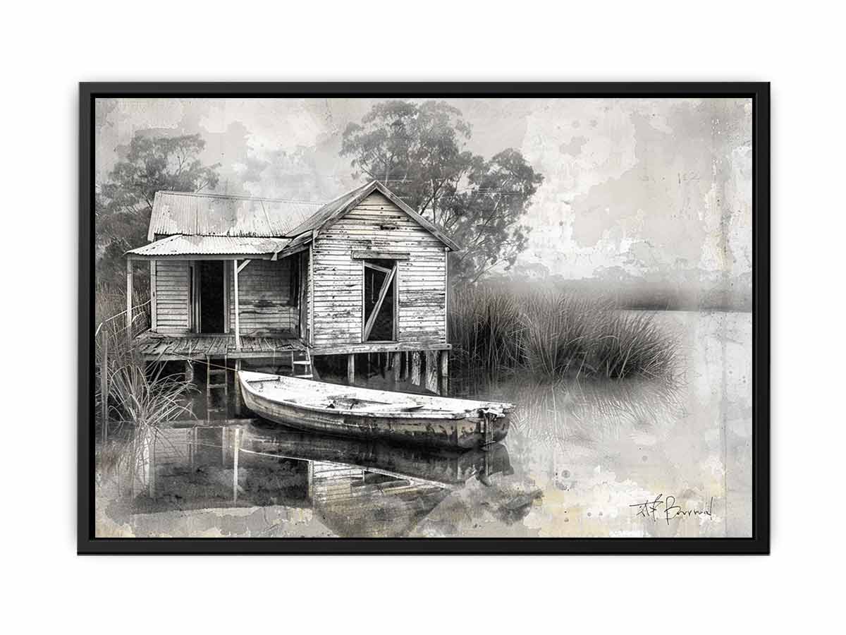 Black and white marsh boat house canvas art for rustic living room decor.