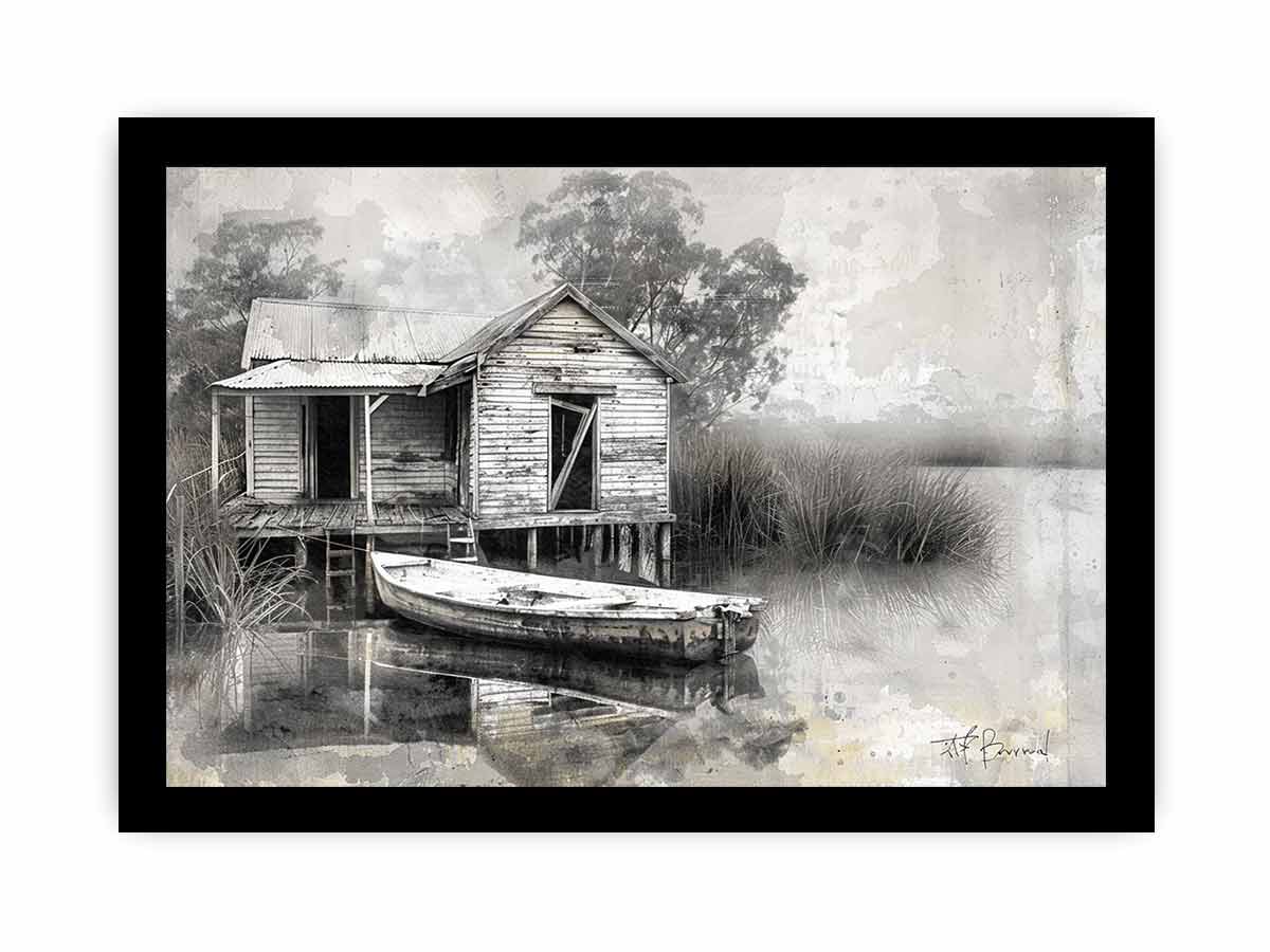 Black and white marsh boat house canvas art for rustic living room decor.