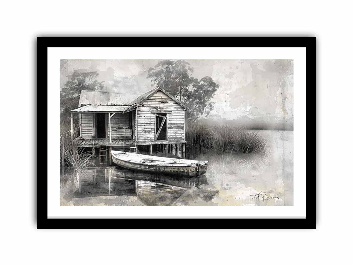 Black and white marsh boat house canvas art for rustic living room decor.