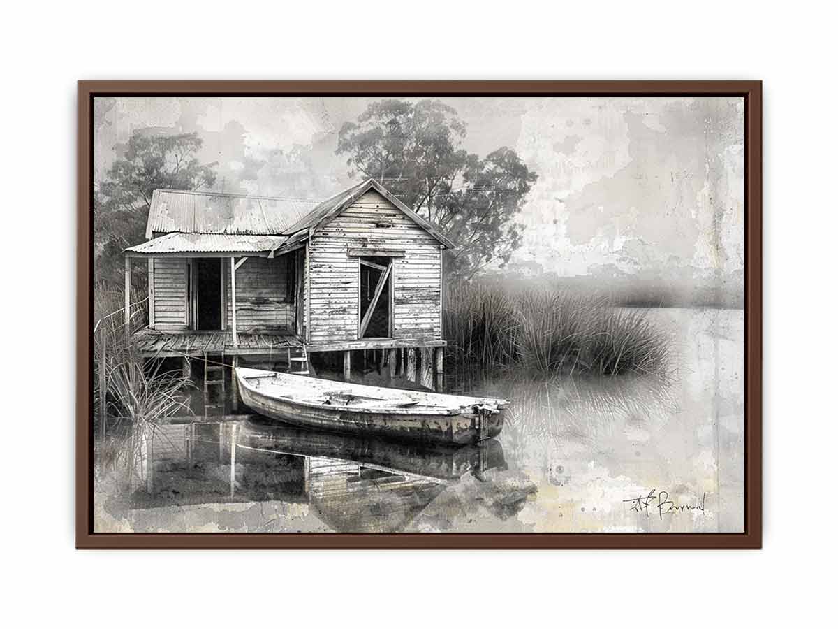 Black and white marsh boat house canvas art for rustic living room decor.