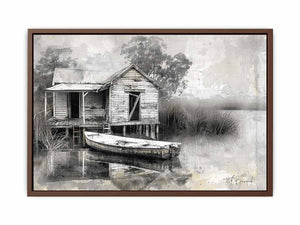 Black and white marsh boat house canvas art for rustic living room decor.