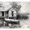 Black and white marsh boat house canvas art for rustic living room decor.