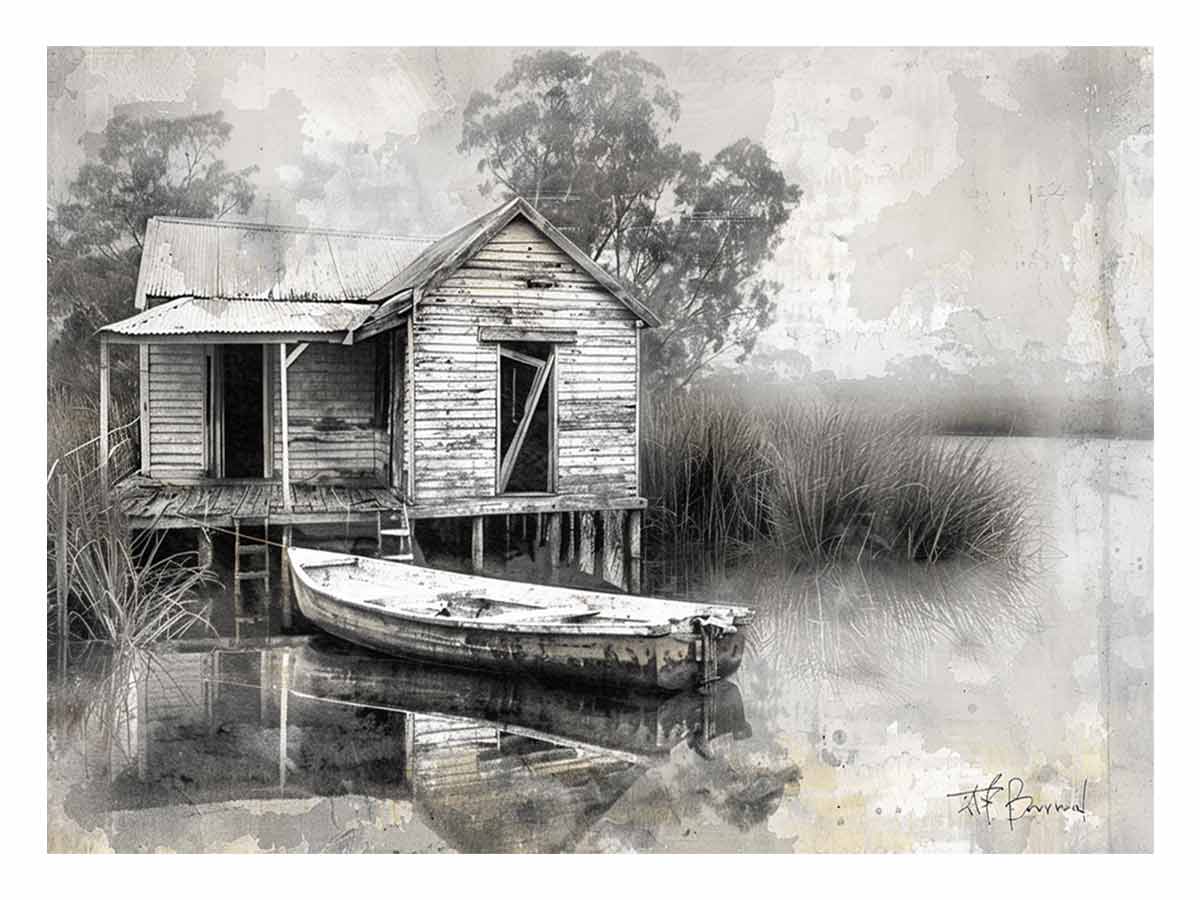 Black and white marsh boat house canvas art for rustic living room decor.
