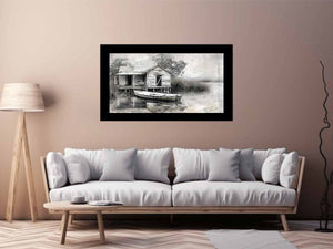 Black and white marsh boat house canvas art for rustic living room decor.