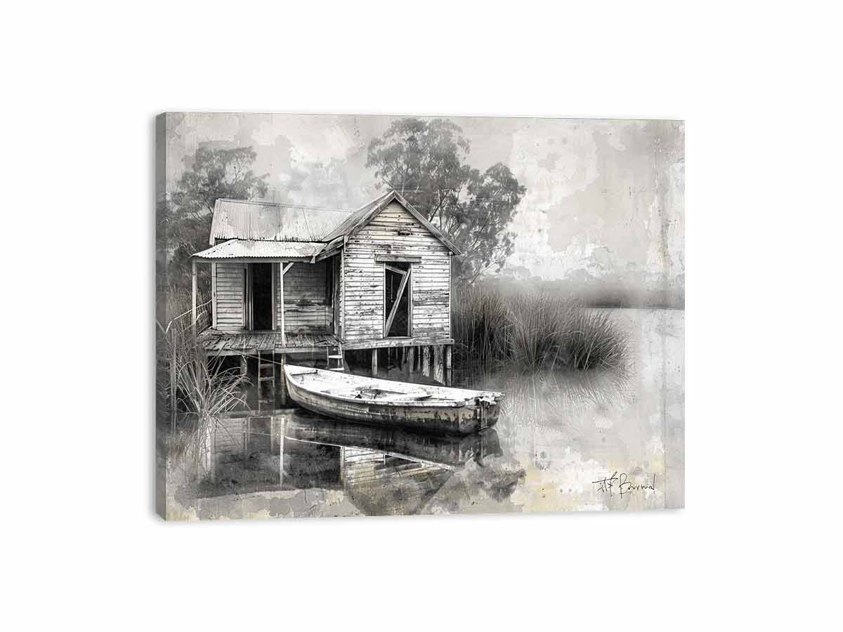 Black and white marsh boat house canvas art for rustic living room decor.