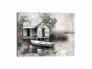 Black and white marsh boat house canvas art for rustic living room decor.