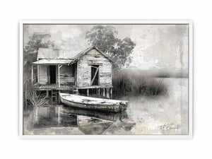 Black and white marsh boat house canvas art for rustic living room decor.