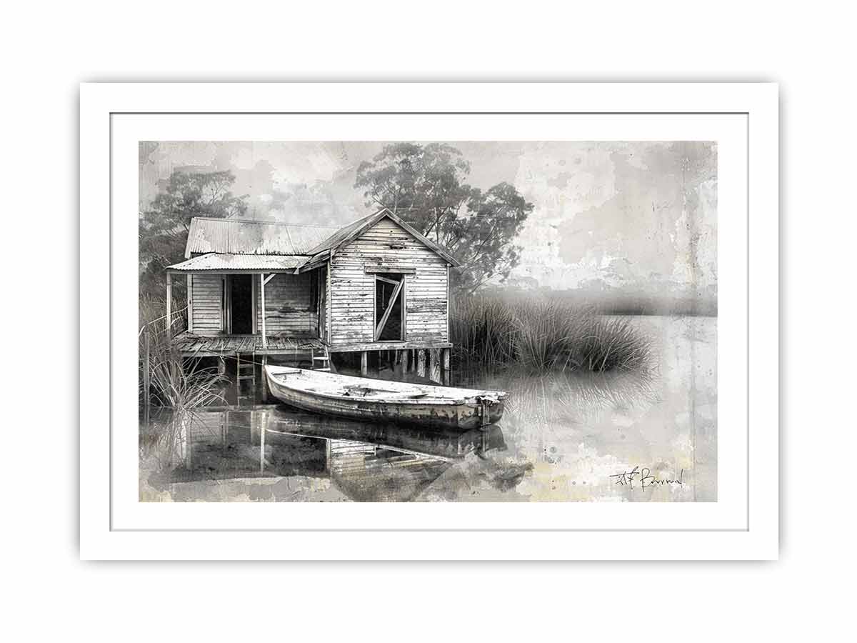 Black and white marsh boat house canvas art for rustic living room decor.